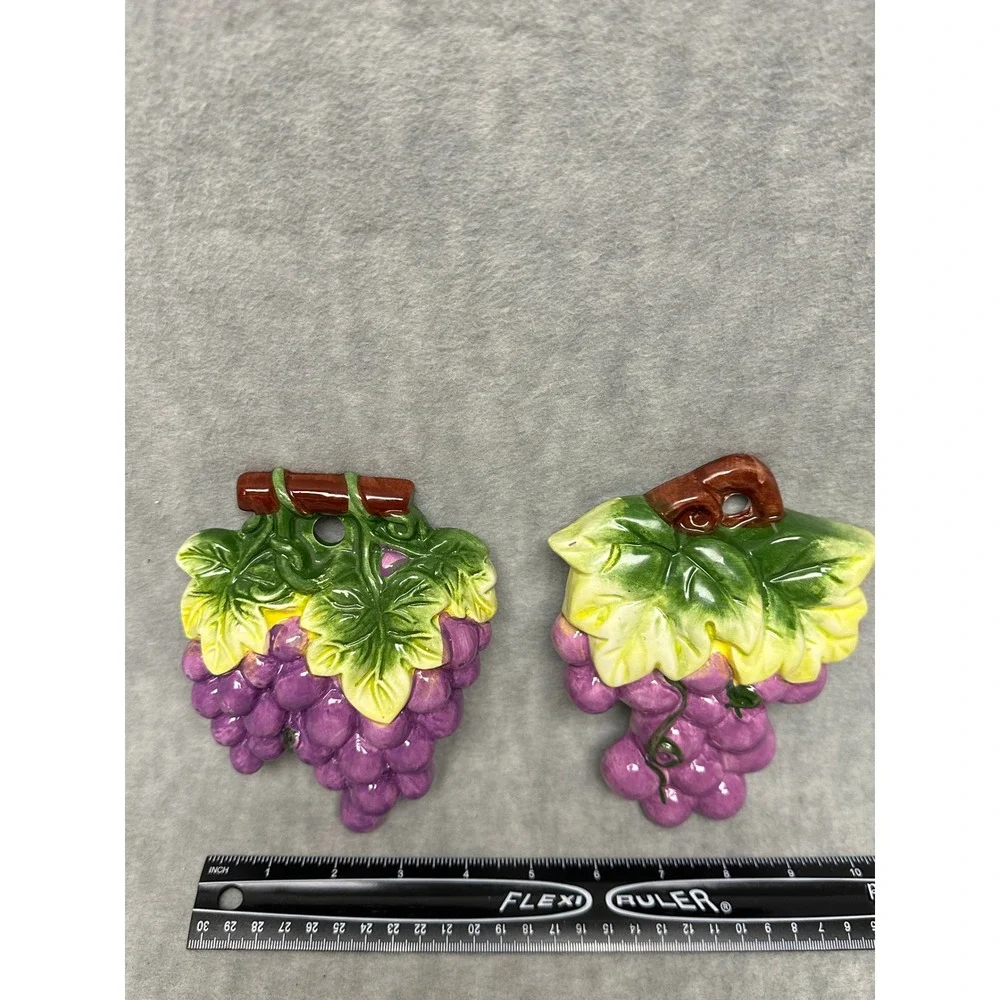 Vintage Ceramic 3D Grape Clusters Wall‎ Decor Set Purple Green Brown Kitchen Art